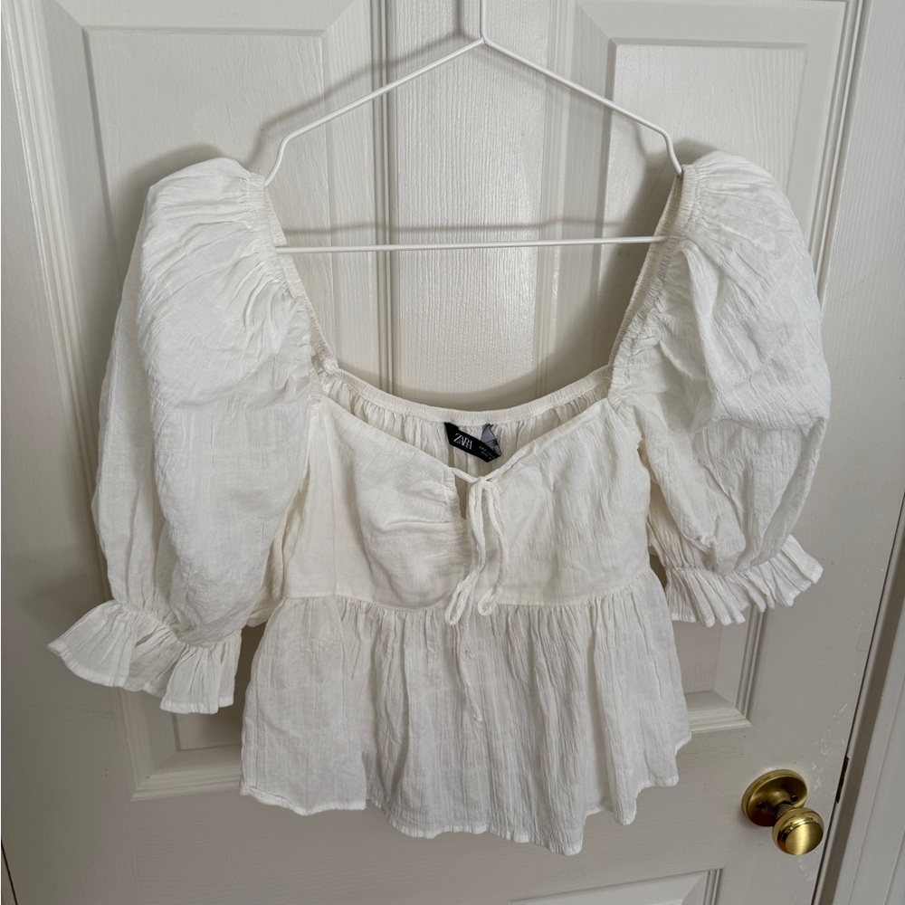 Zara Cream Puff Sleeve Cotton Blouse